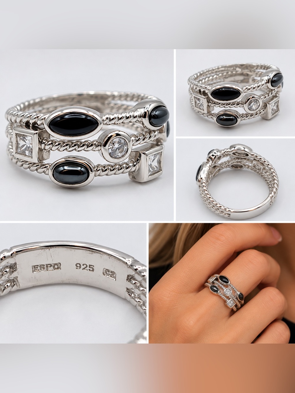 Joseph Esposito ESPO 925 Sterling Silver Black Onyx Multi Strand Ring Size 9